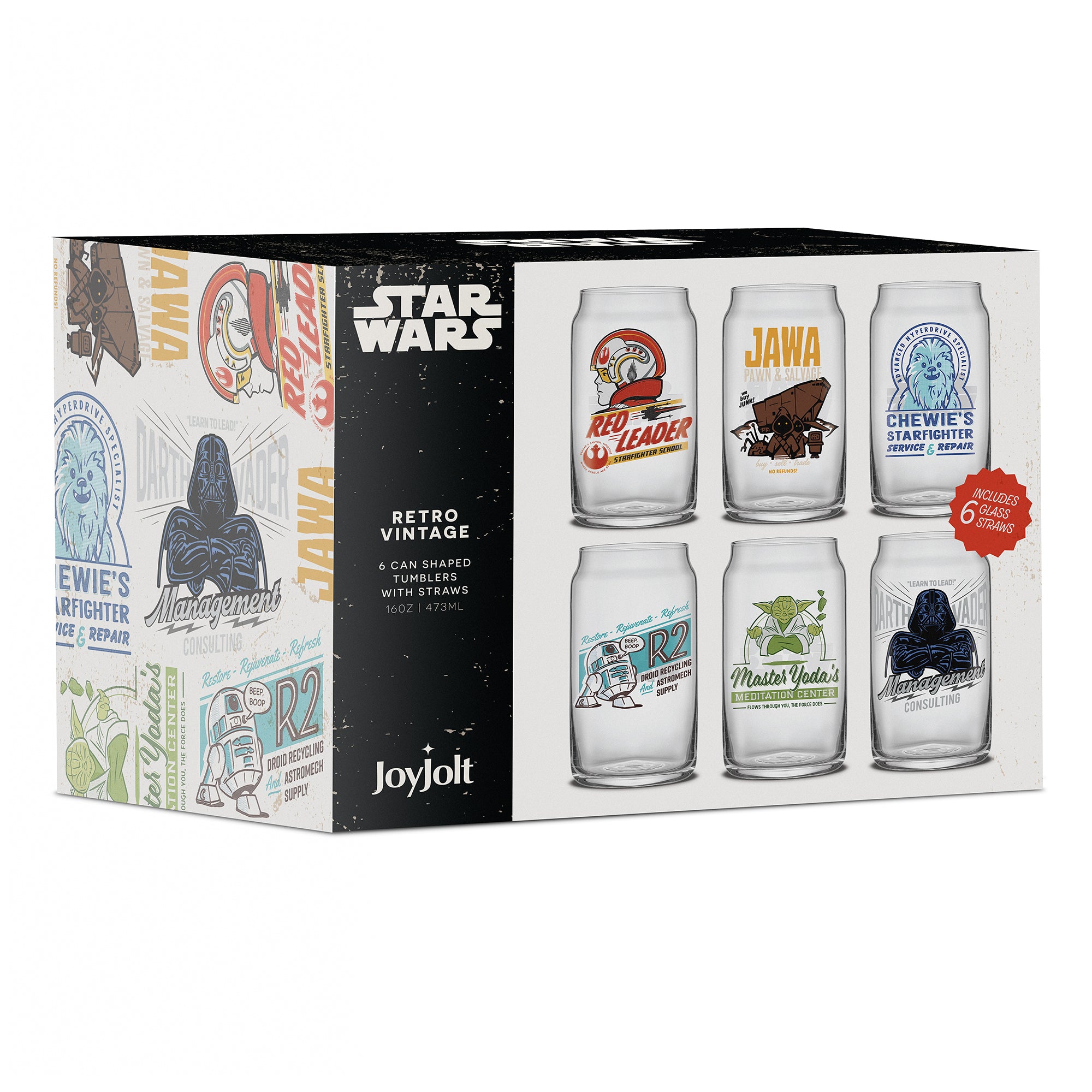 Retro-inspired Star Wars can-shaped drinking glasses collector's box featuring all of the designs.