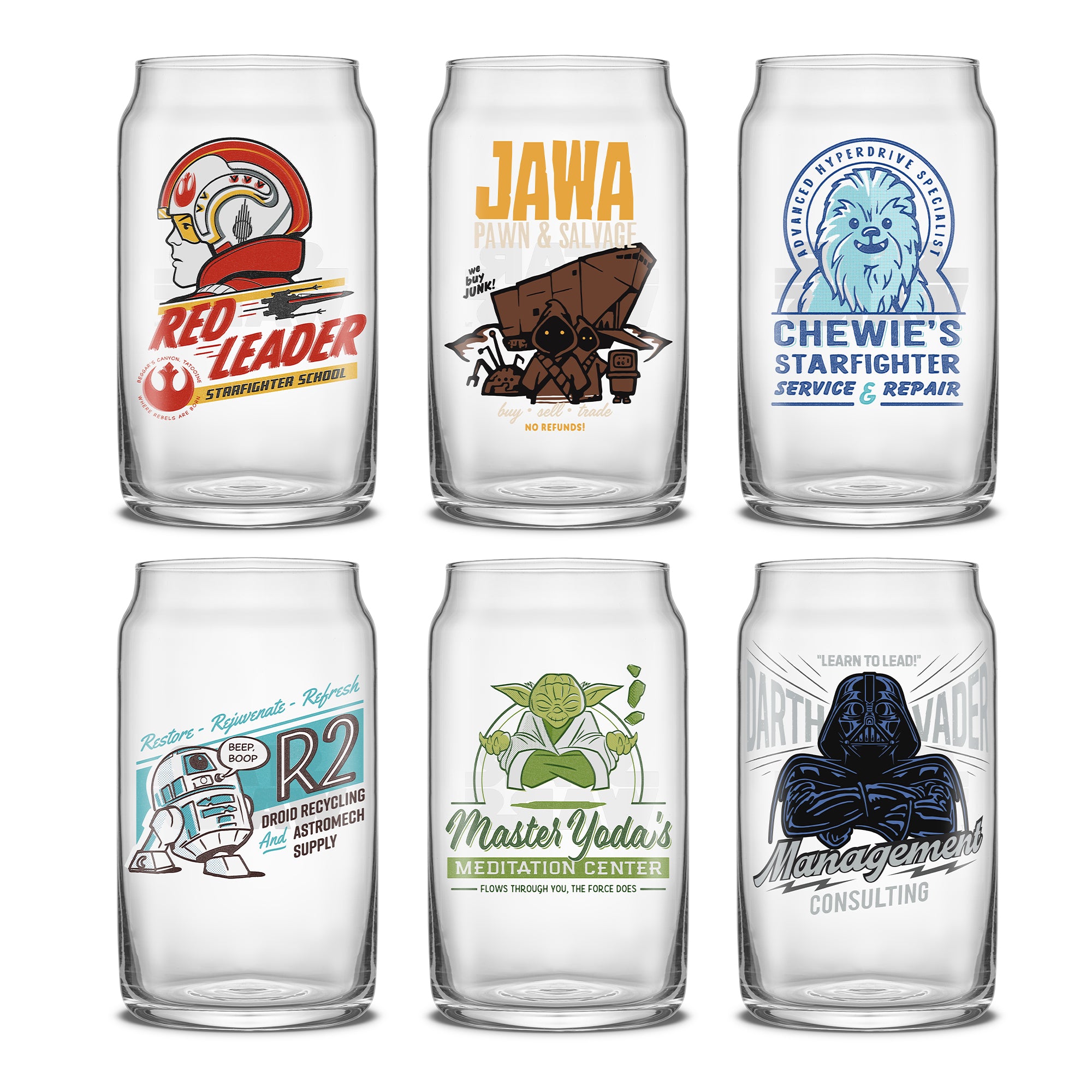 Star Wars themed can shaped drinking glasses in a retro style featuring Red Leader, Jawa, Chewbacca, R2D2, Yoda, and Darth Vader.