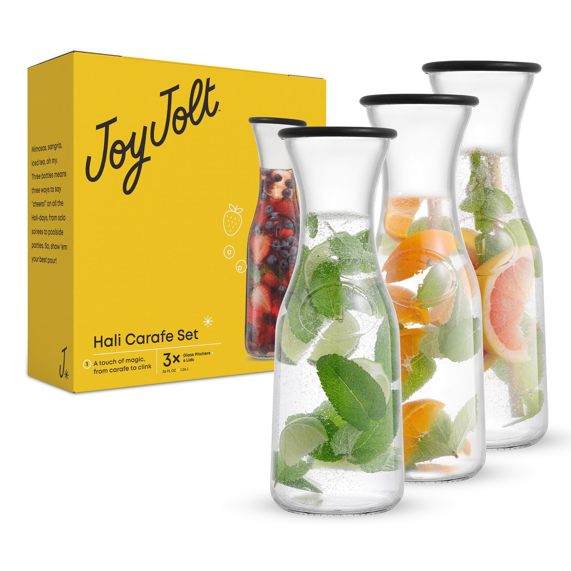 JoyJolt Hali Glass Carafe Bottle Pitcher with Lids