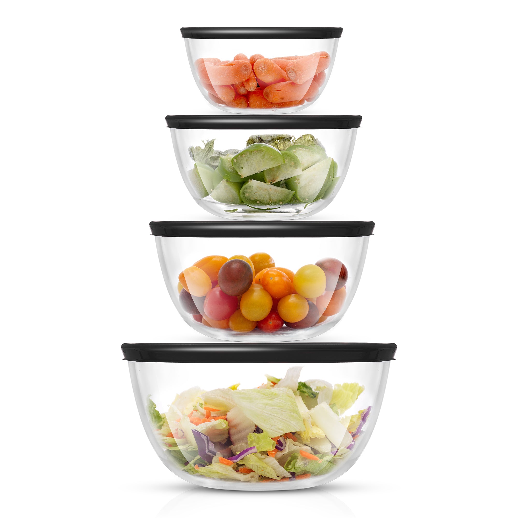 Assorted vegetables are contained in four glass bowls.