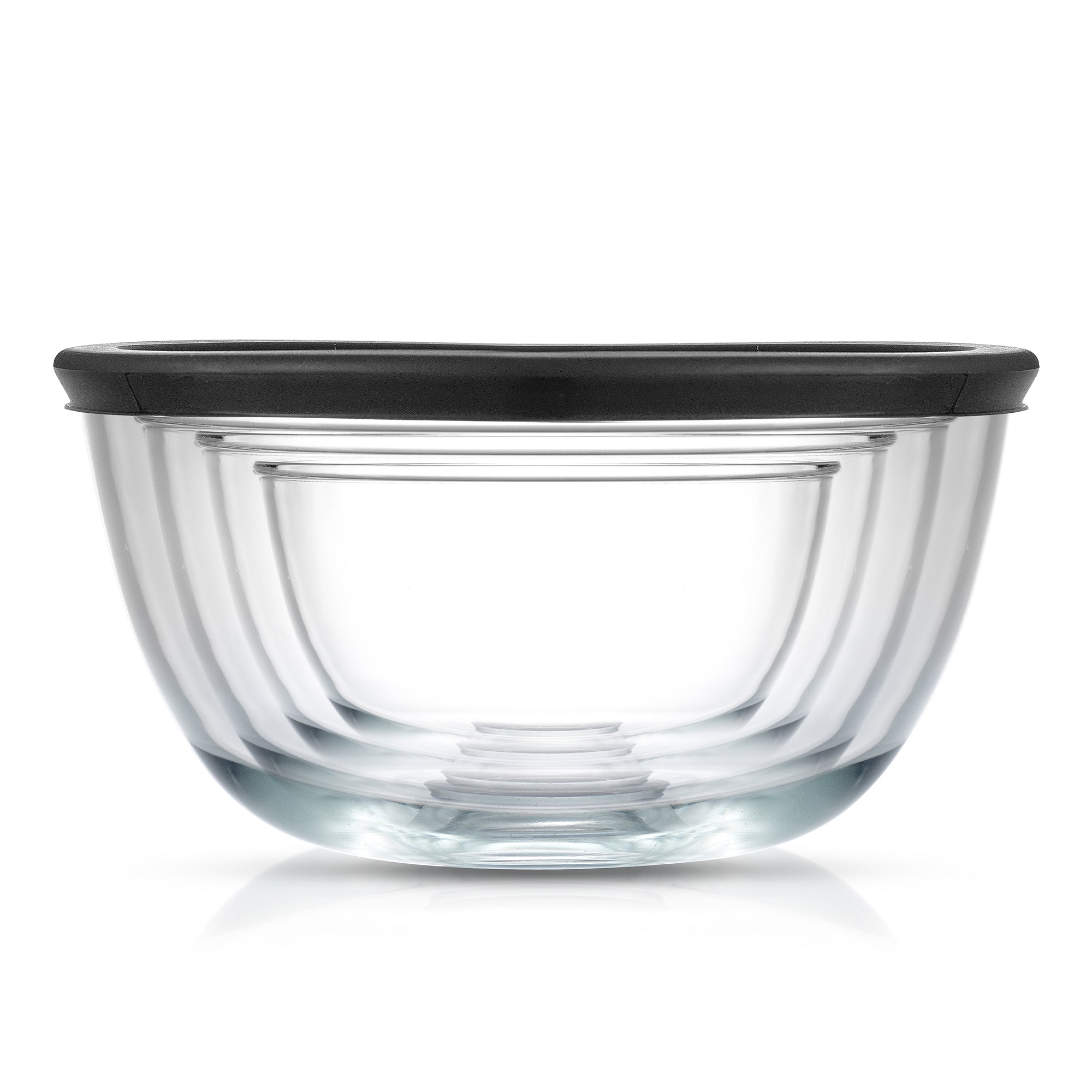 Glass bowl with black lid on white background - JoyJolt 4 Large Glass Mixing Bowls With Lids.