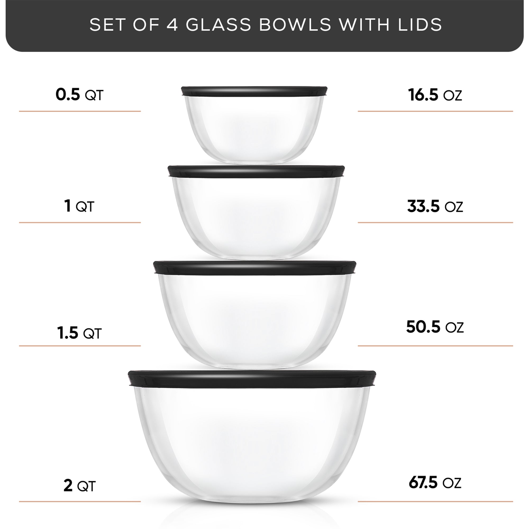 A set of four glass bowls with black lids arranged on a white background. Text printed on the image identifies the bowls as “SET OF 4 GLASS BOWLS WITH LIDS”. Each bowl has a capacity measurement (.5 QT, 1 QT, 1.5 QT, 2 QT) and its corresponding weight capacity (16.5 OZ, 33.5 OZ, 50.5 OZ, 67.5 OZ). 