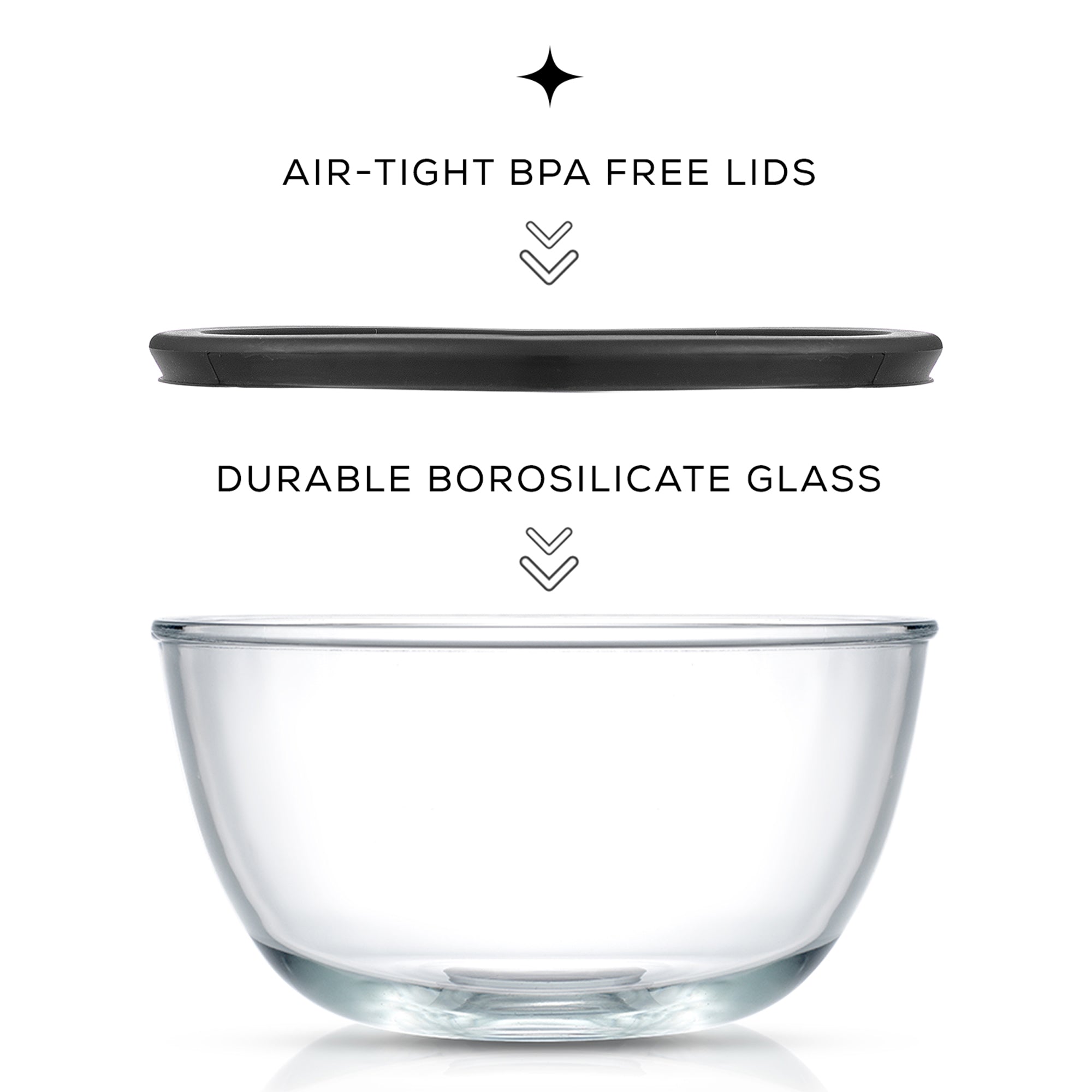 A clear glass bowl with a black lid sits on a white background. Text above the bowl reads "AIR-TIGHT BPA FREE LIDS" and "DURABLE BOROSILICATE GLASS". The lid is not attached to the bowl. 