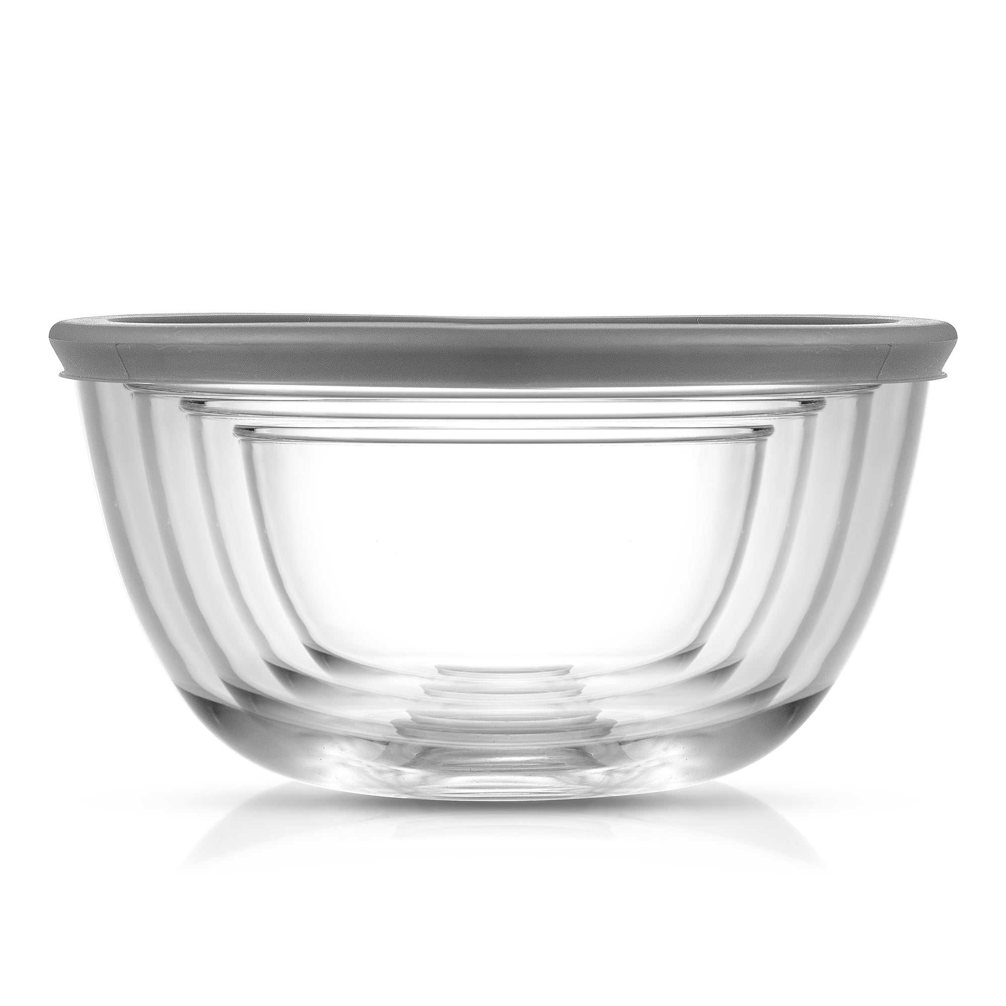 A set of four stackable glass bowls with gray lids sits on a white background. The bowls increase in size from the top to the bottom.