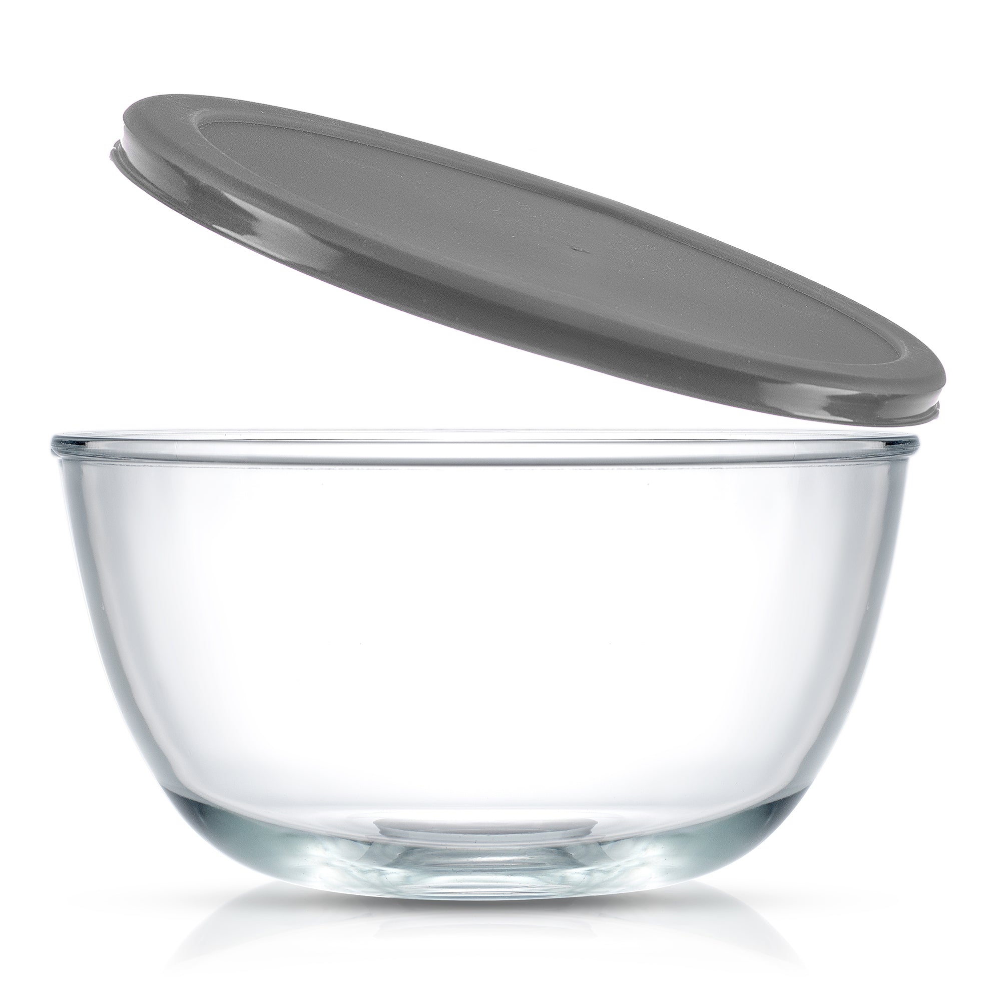 A clear glass bowl with a gray lid sits on a white background.