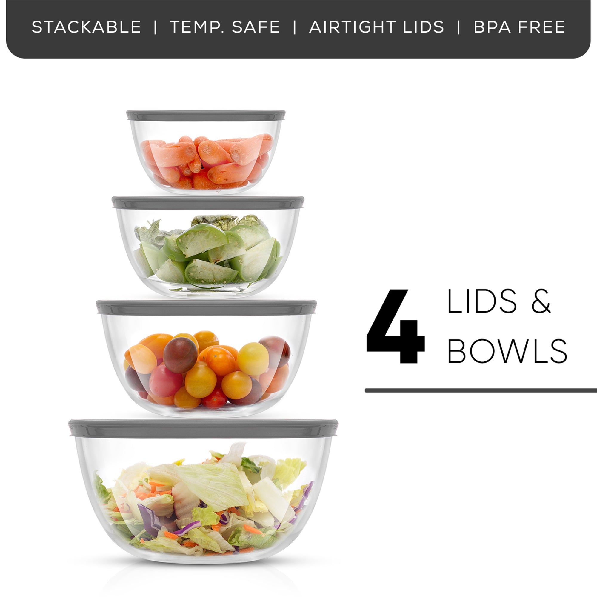 A stack of four round, clear glass bowls with gray lids sits on a white background. The bowls are arranged from largest to smallest. Text overlay reads  “STACKABLE |  TEMP. SAFE |  AIRTIGHT LIDS |     BPA FREE  | 4  LIDS &  BOWLS”.