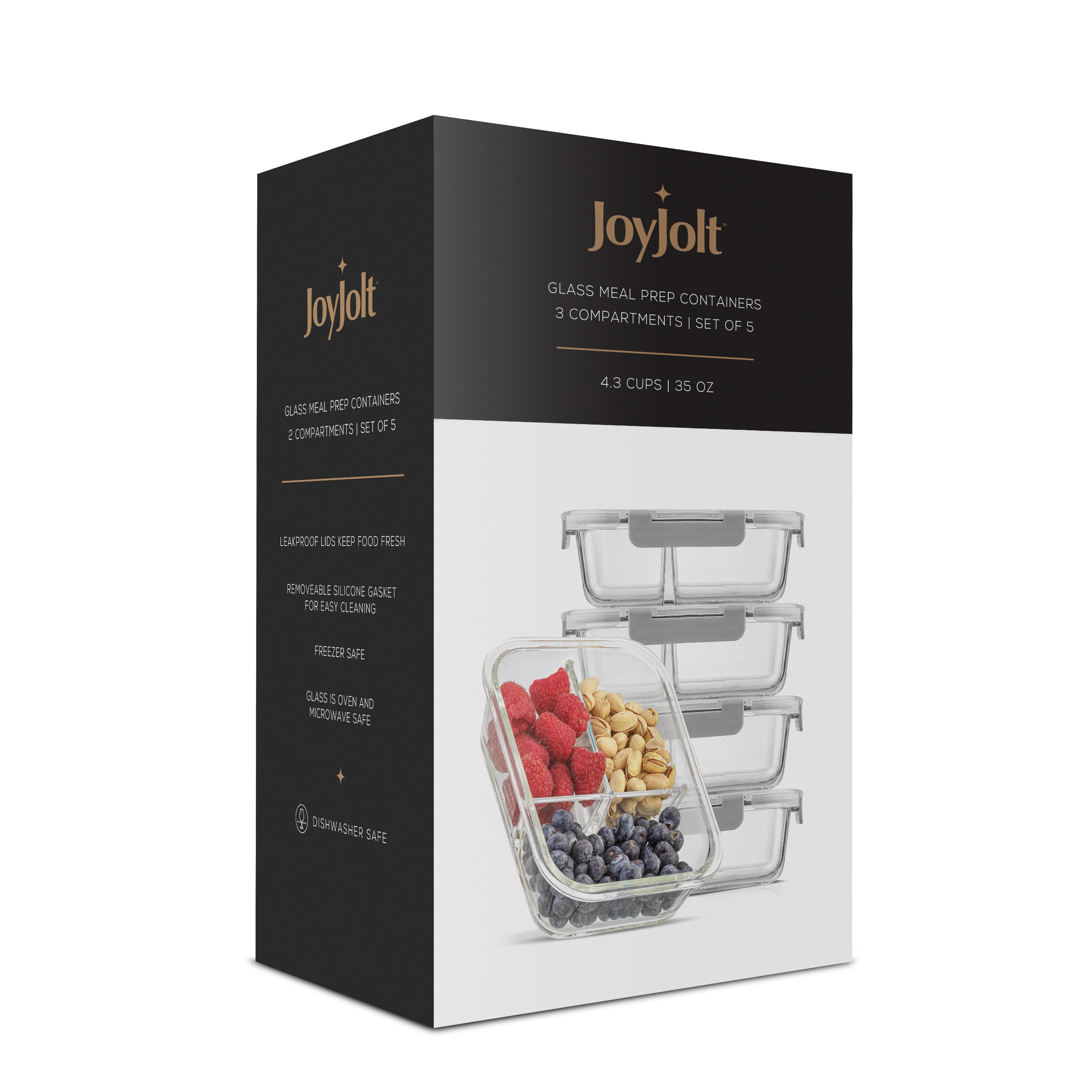 JoyJolt 3-Section Food Prep Storage Containers- Set of 5 ,Grey
