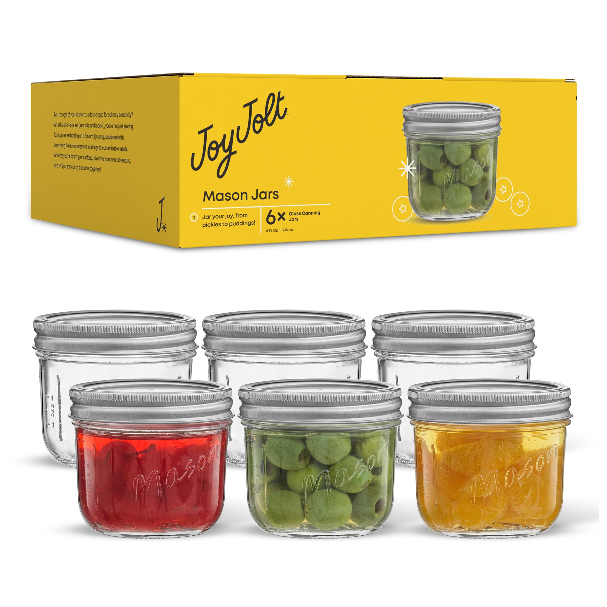 JoyJolt Mason Jars with Airtight Lids, Labels and Measures