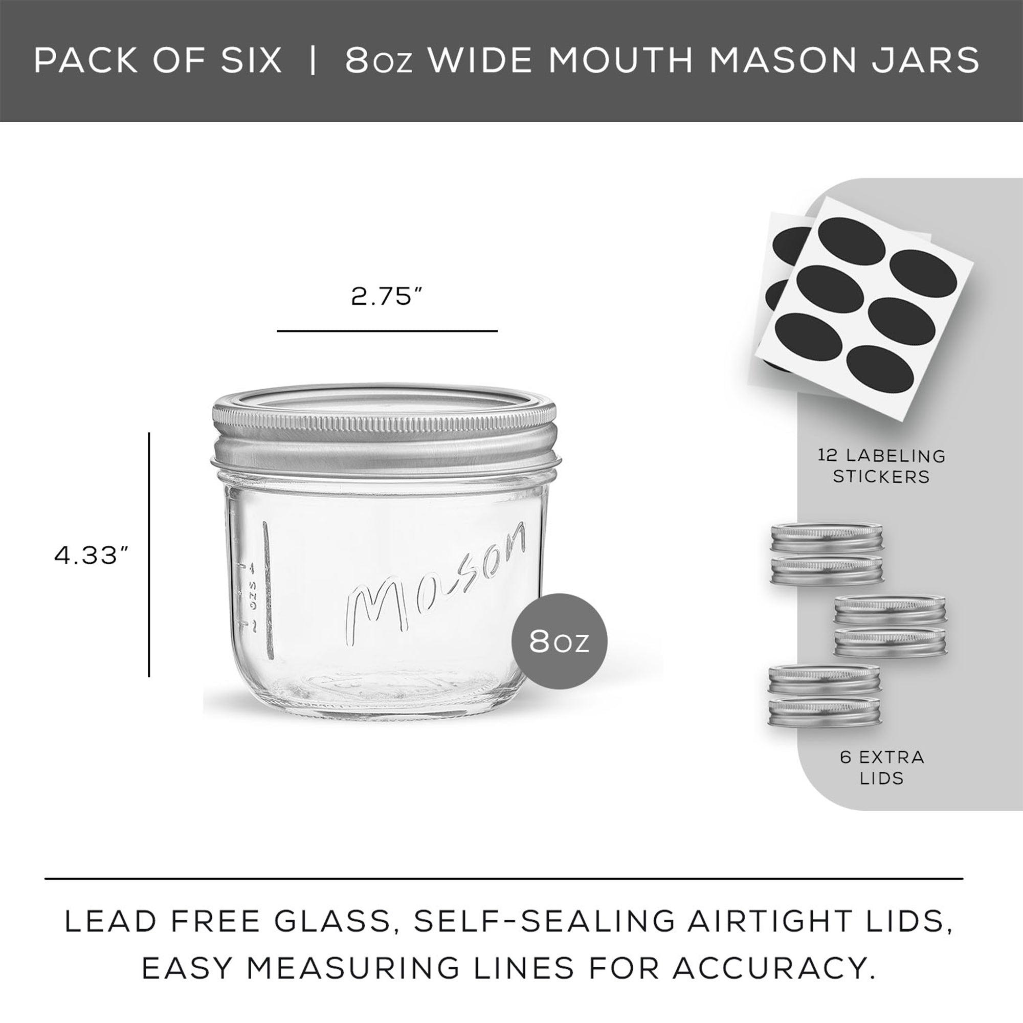 JoyJolt Mason Jars with Airtight Lids, Labels and Measures