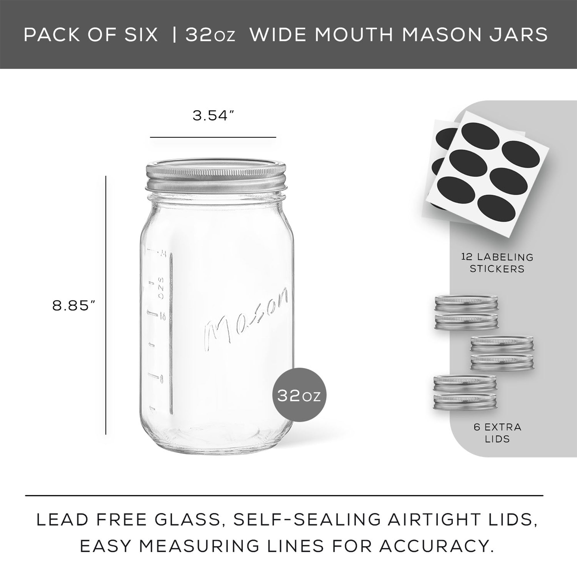 JoyJolt Mason Jars with Airtight Lids, Labels and Measures