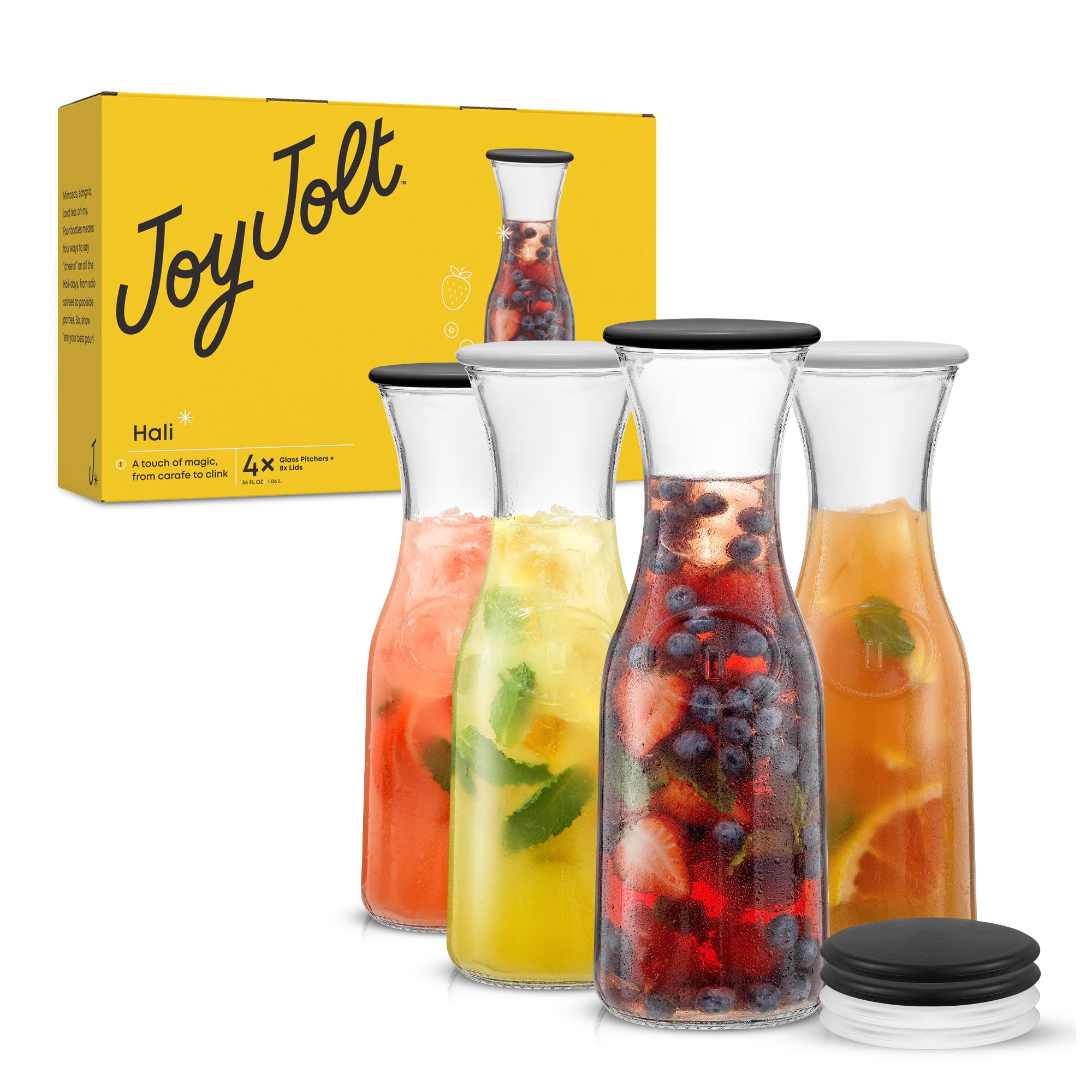 JoyJolt Hali Glass Carafe Bottle Pitcher with Lids