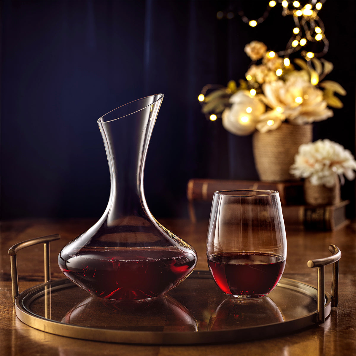 Lancia Crystal Wine Decanter 40 oz with 4 Stemless Glasses 19 oz