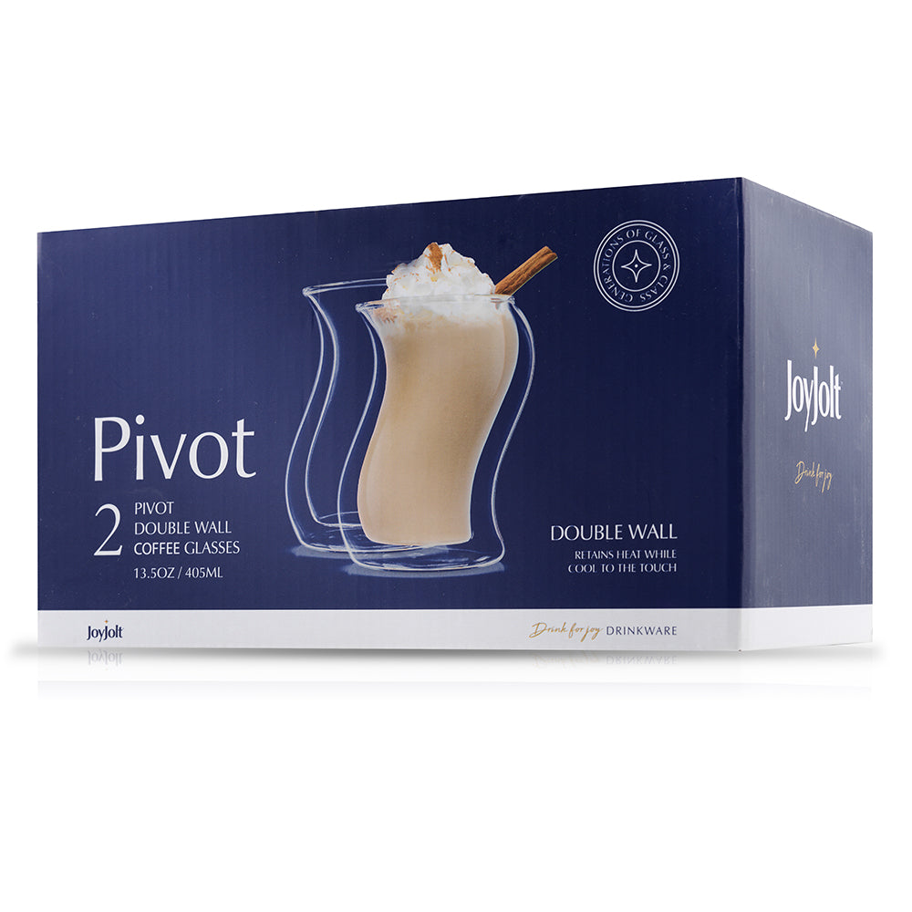 JoyJolt Set of (2) 13.5-oz Pivot Double-Wall Coffee Glasses ,Clear