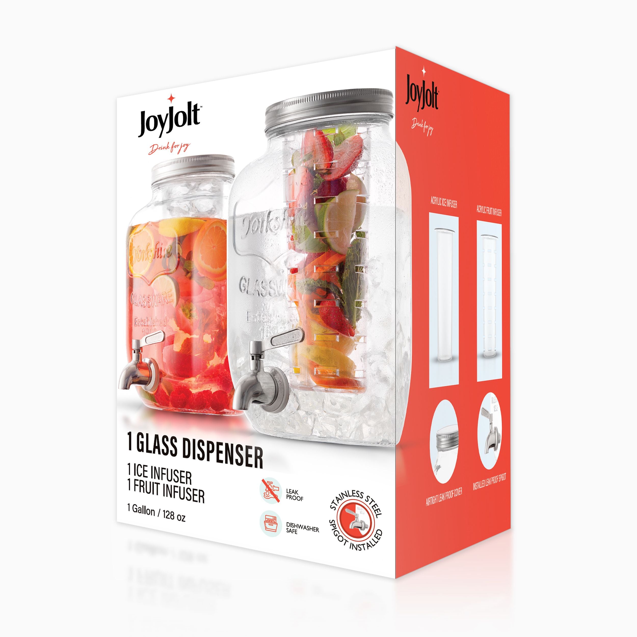 JoyJolt Glass Drink Dispenser with Spigot, Ice Infuser, & Fruit Infuser - 1 Gallon