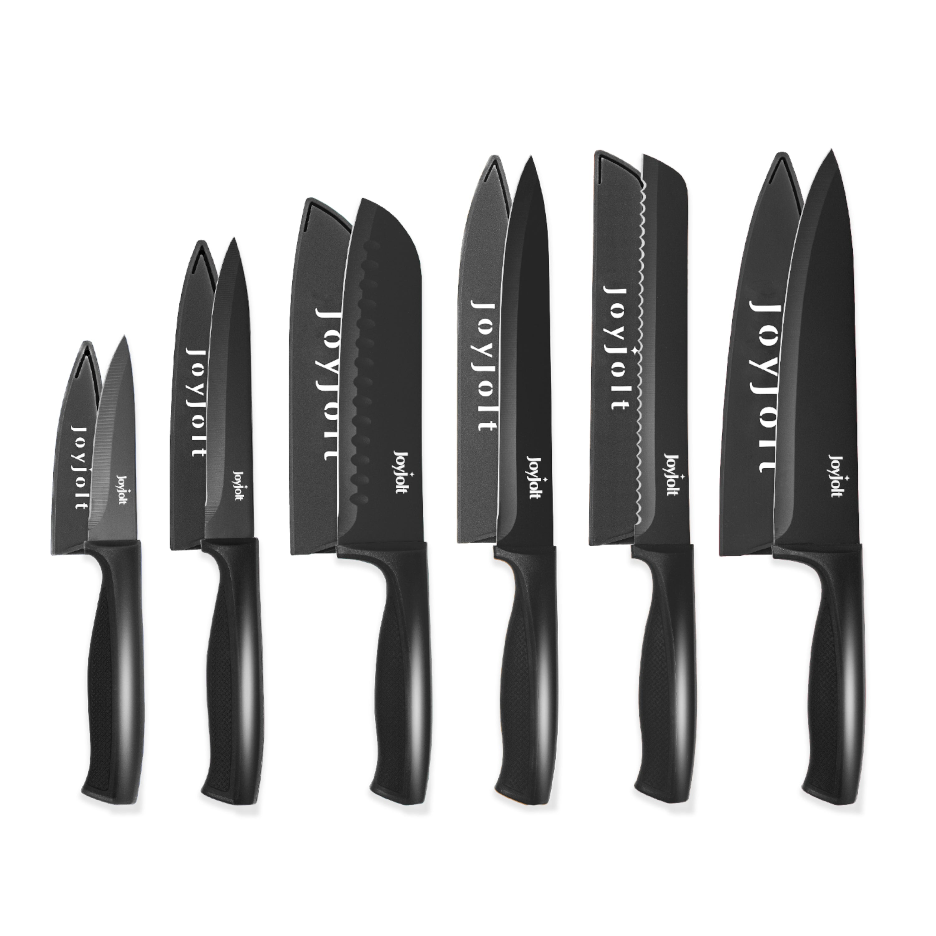 JoyJolt Multi Purpose 12 Piece Non-Stick Kitchen Knife Set - 6 Knives & 6 Blade Covers Set - Black