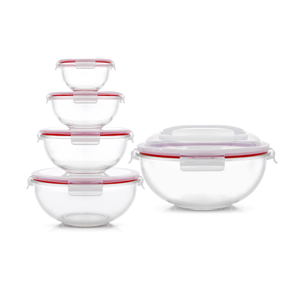 5 Container Nesting Borosilicate Glass Mixing Bowl Set With Lids & Car–  Whisk'd - Your Kitchen Store