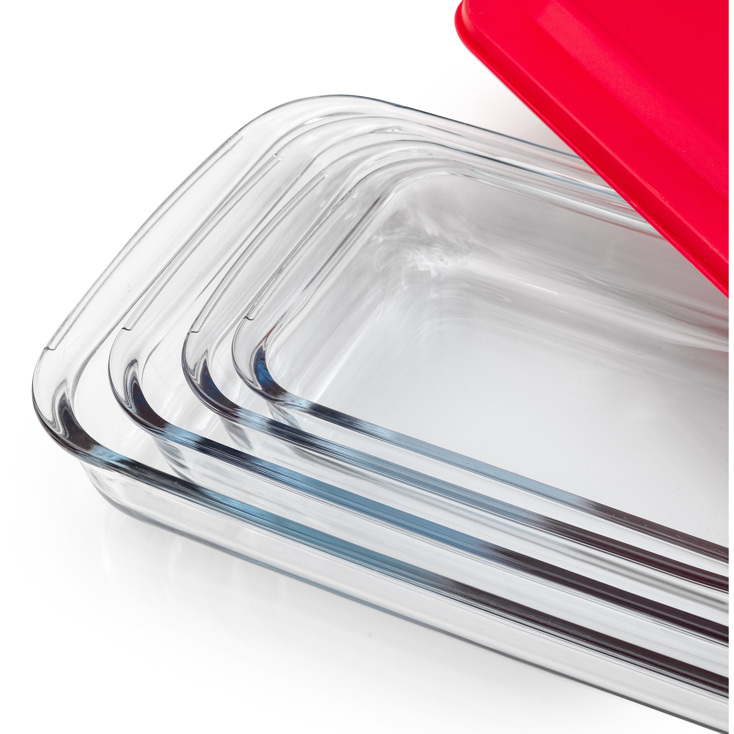 4 Borosilicate Glass Oven Dishes with Airtight Red Lids