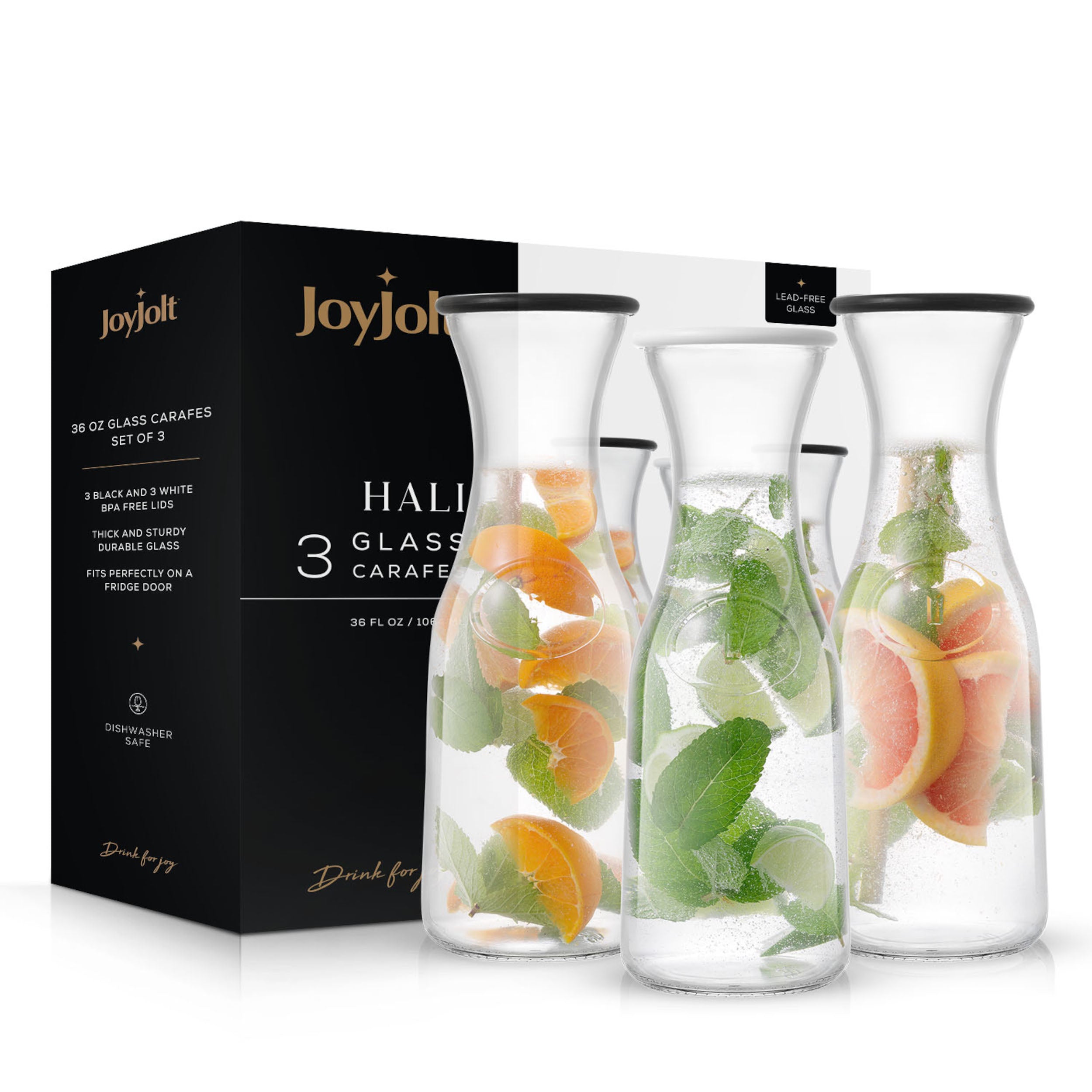 JoyJolt Hali Glass Carafe Bottle Pitcher with 6 Lids  - 35 oz - Set of 3