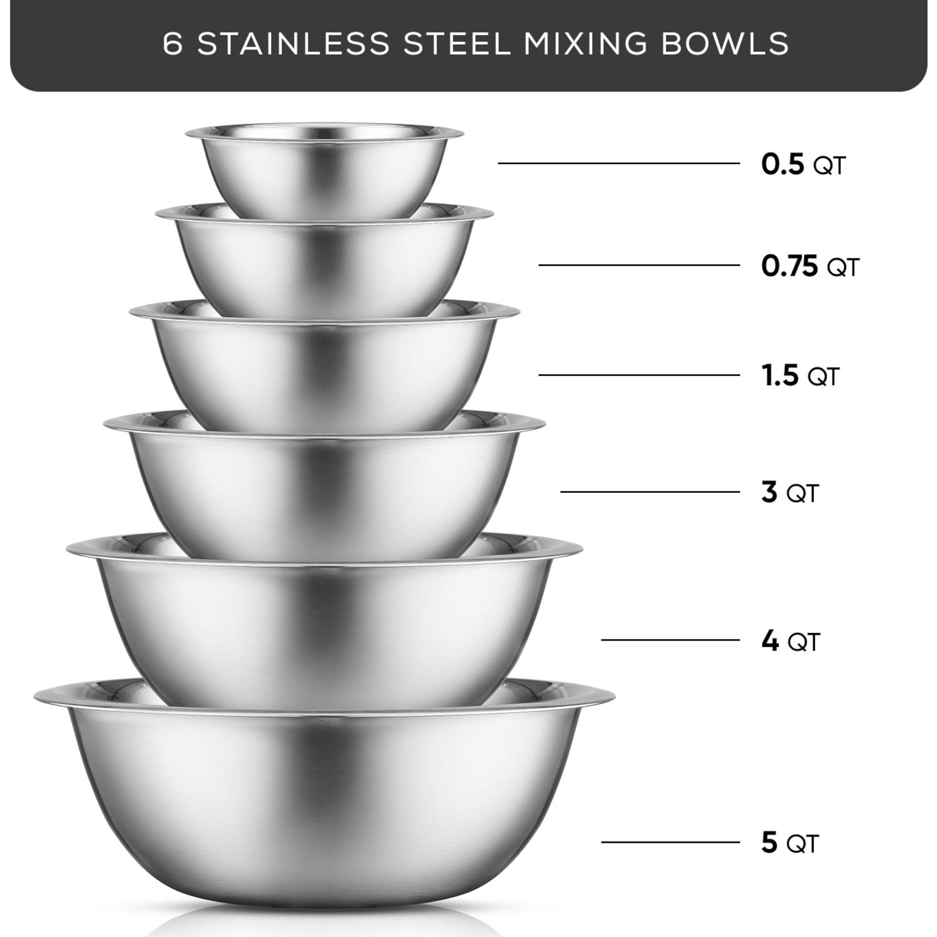 JoyJolt Stainless Steel Mixing Bowl - Silver - Set of 6