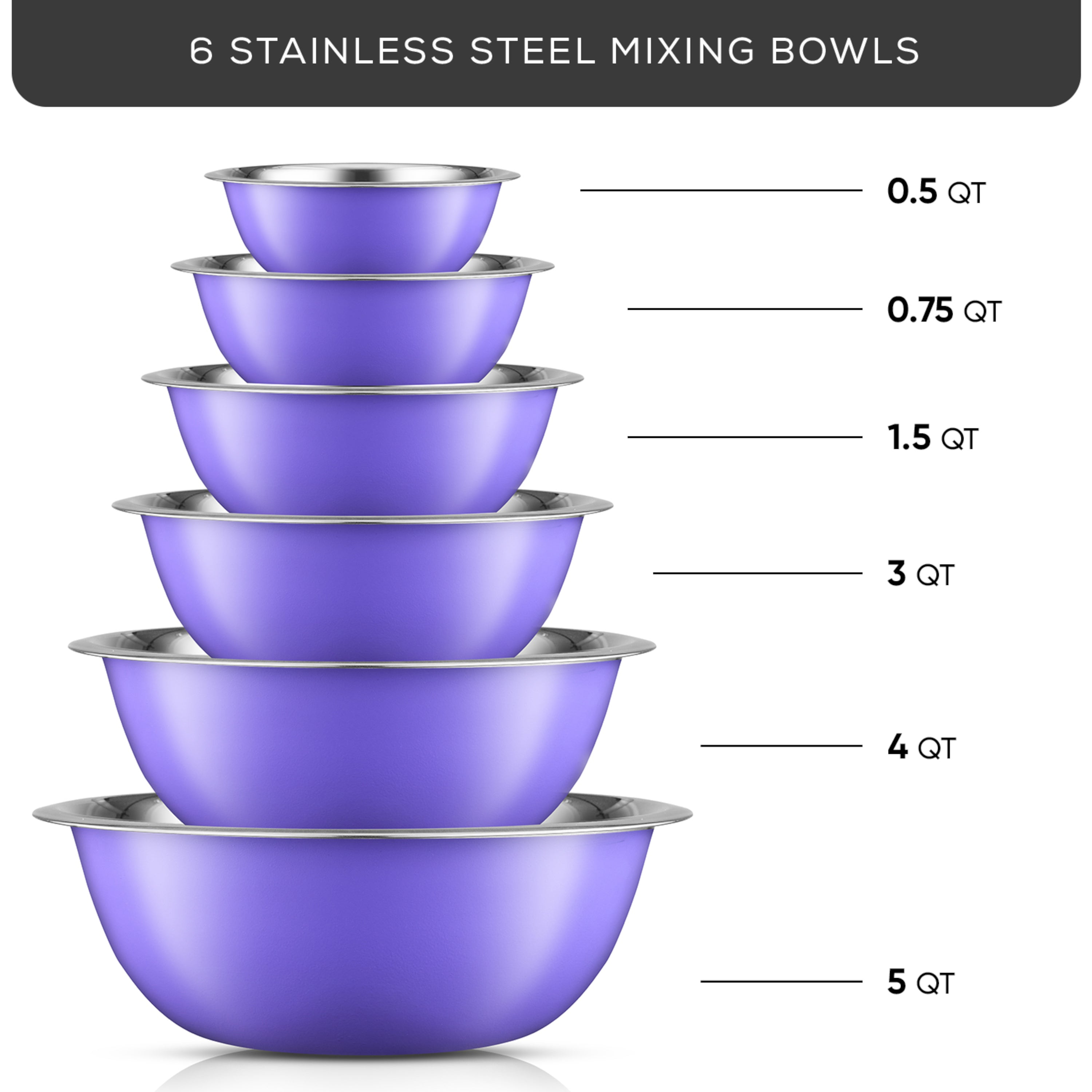 JoyJolt Stainless Steel Mixing Bowl - Silver - Set of 6